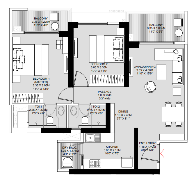 2 BHK Floor Plan – The Aqua Retreat at Godrej Park World, Hinjewadi Phase 1, Pune