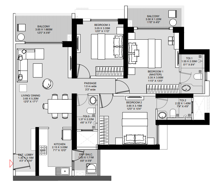 3 BHK Floor Plan – The Aqua Retreat at Godrej Park World, Hinjewadi Phase 1, Pune